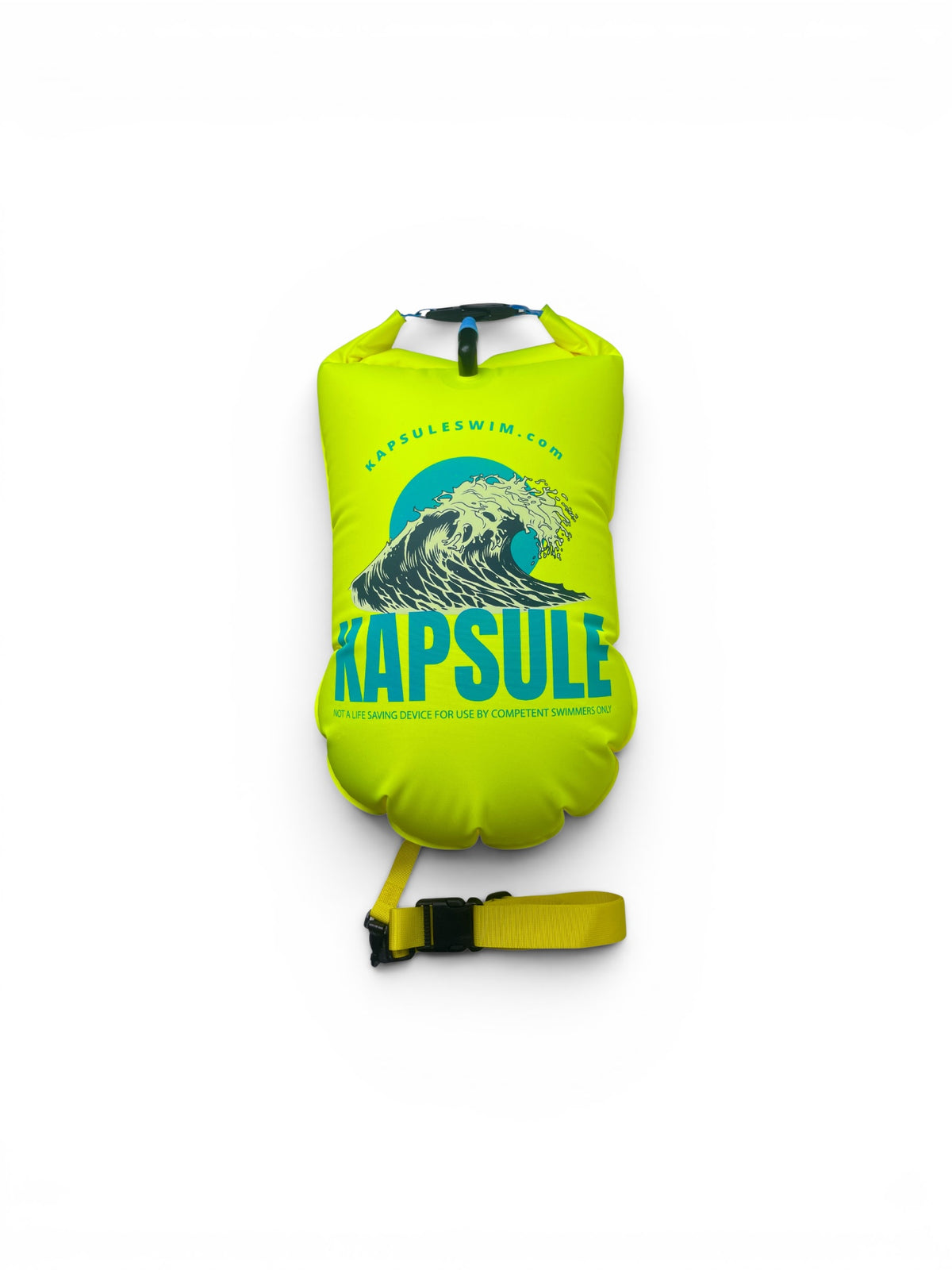 KAPSULE Atlas 20L inflatable open water swim buoy in neon yellow, polyether TPU safety float