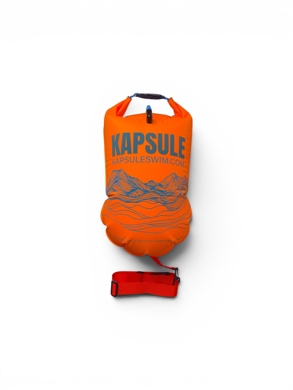 KAPSULE Kai 20L inflatable open water swim buoy in neon orange, polyether TPU safety float