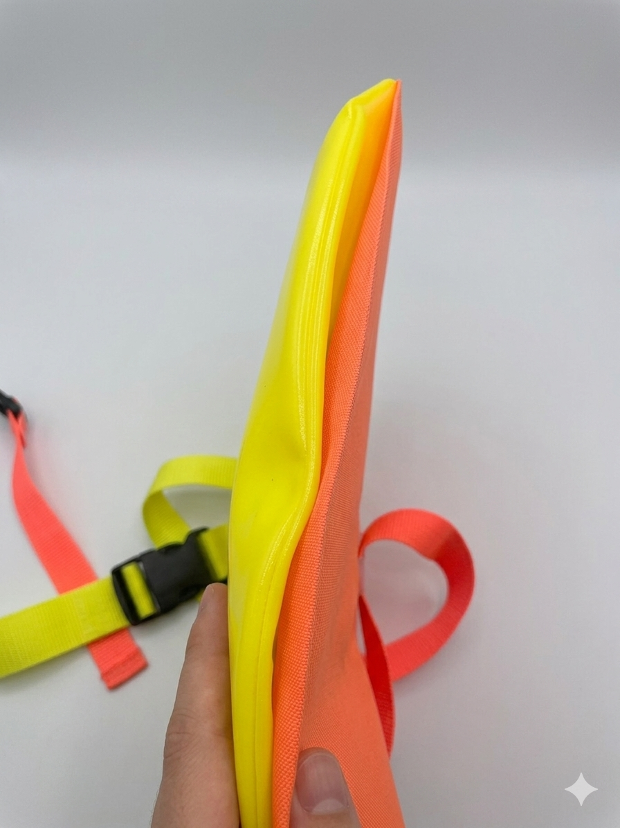 Bright orange swim buoy for open water swimming safety and visibility