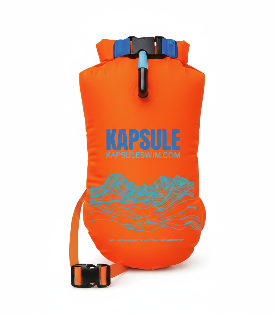 Neon orange Kai 20L swim buoy for open water safety
